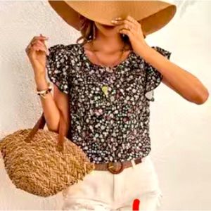 Floral Blouse Black Beige Ruffle Short Sleeve Women’s Plus Size XXL